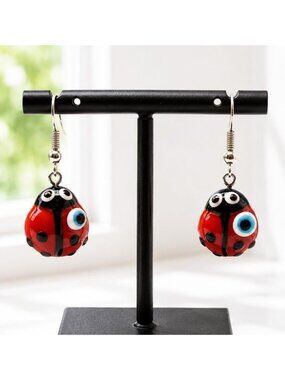 Vintage Ladybug Glass Bead Dangle Earrings with Evil Eye Charms